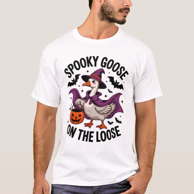 Spooky Goose on the Loose Witch Hat And Pumpkin T-Shirt (Front)