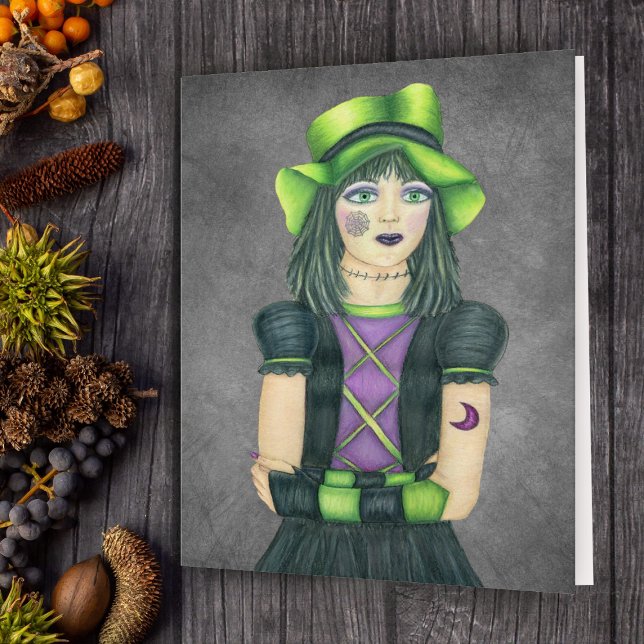 Spooky Goth Girl Green Hat Purple Black Dress Gray Card (Creator Uploaded)
