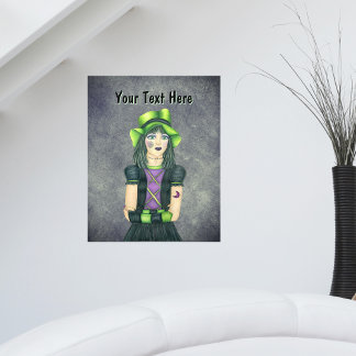 Spooky Goth Girl Green Hat Tattoos Glowing Grey Wall Decal