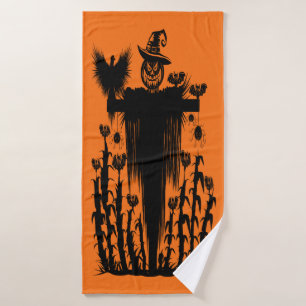Spooky Goth Halloween Scarecrow Pumpkin Cornfield Bath Towel