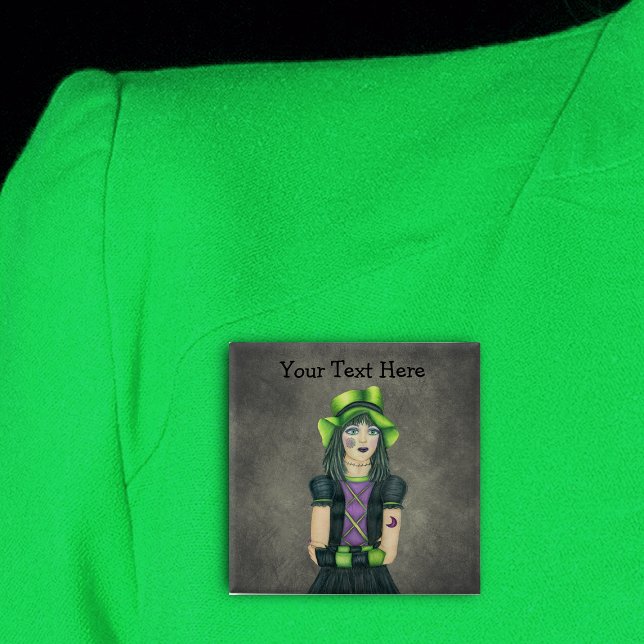 Spooky Goth Teen Girl Green Hat Tattoos Grey Button (Gothic teen girl spiderweb, moon Tattoos green hat on dark grey with glowing green pin back button.)