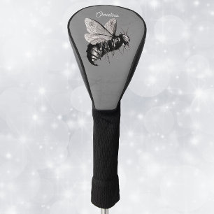 Spooky Gothic Big Bee Skull on Wings Grey Golf Head Cover