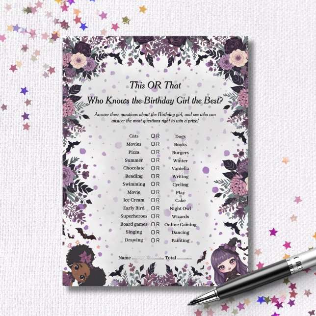 Spooky Gothic Birthday girl This or That Game card (Spooky Gothic Birthday girl This or That Game card)