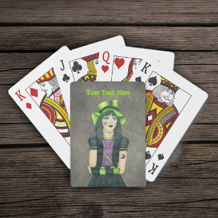 Spooky Gothic Girl Green Hat Black Dress Grey Poker Cards