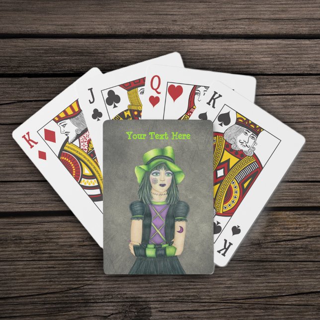 Spooky Gothic Girl Green Hat Black Dress Grey Poker Cards (Gothic spooky girl green hat black dress tattoos on misty grey deck of playing cards.)