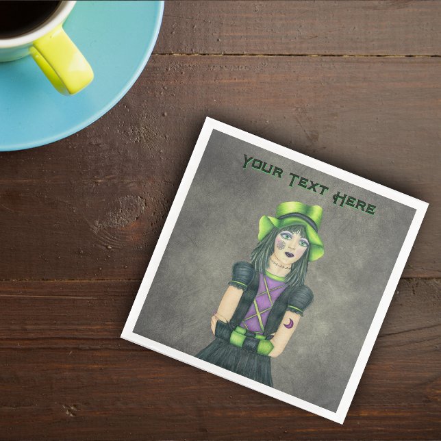 Spooky Gothic Girl Spiderweb Tattoo Black Dress Paper Dinner Napkins (Spooky goth girl green hat face arm tattoos on dark grey paper party napkins.)