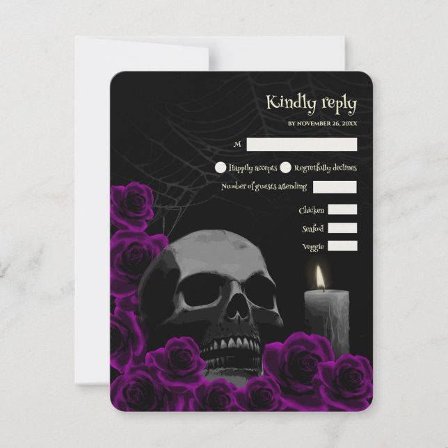Spooky Gothic Halloween Wedding RSVP Purple Rose Card (Front)