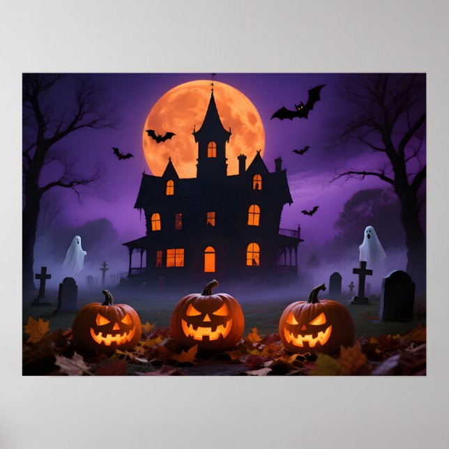 Spooky Gothic Manor with Ghosts and Graveyard Poster (Front)