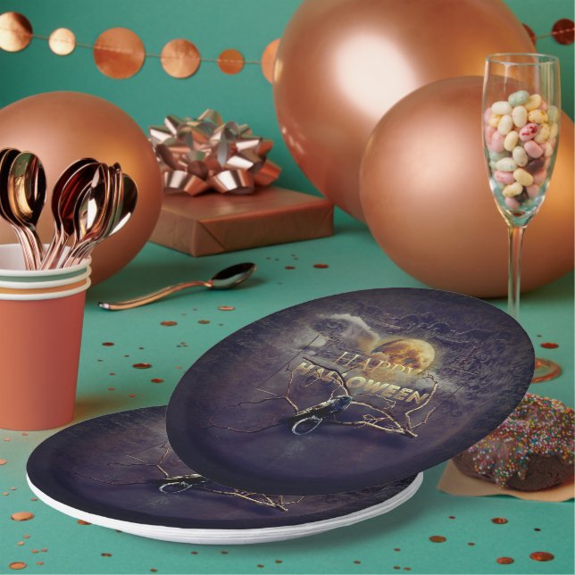 Spooky Gothic Raven In Full Moon Adult Halloween Paper Plates (Multi)