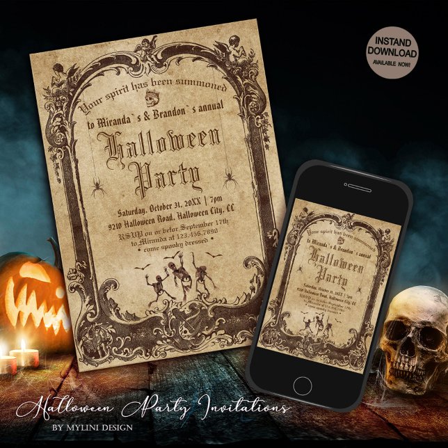 Spooky Gothic Skeletons Vintage Mirror Halloween Invitation (Creator Uploaded)