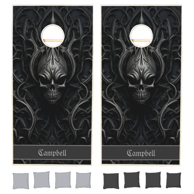 Spooky Gothic Skull Black & Gray Cornhole Set (Set)