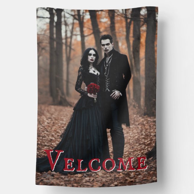 Spooky Gothic Vampire Couple Halloween House Flag (Back)