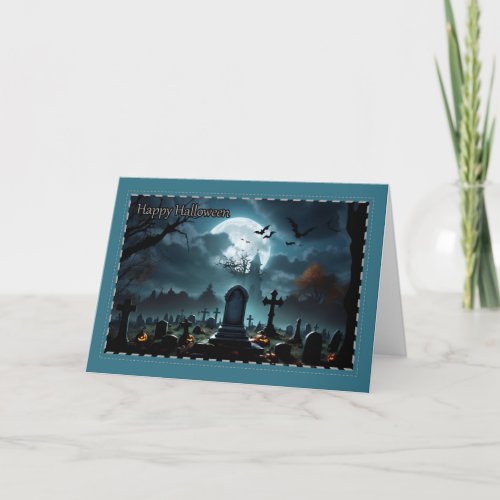 Spooky Graveyard During Full Moon Halloween Card