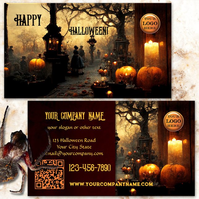 Spooky Graveyard Halloween Business Card (Halloween business card featuring a spooky graveyard at dusk with burning candles and pumpkins)