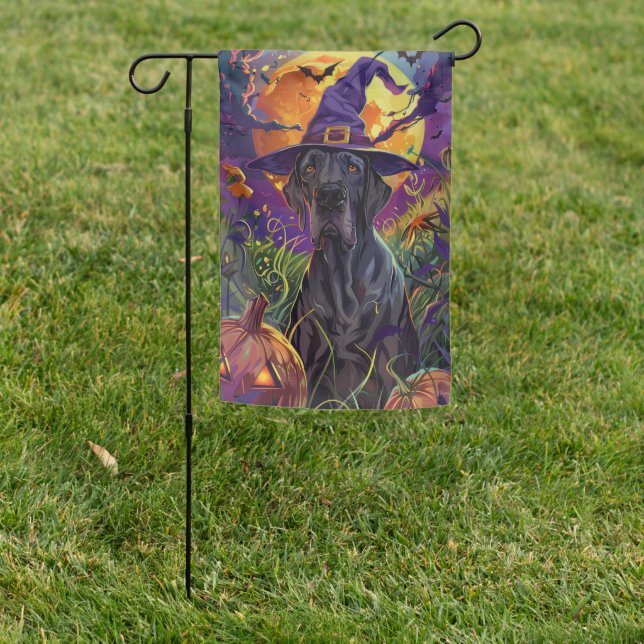 Spooky Great Dane Dog Halloween Witch Pumpkin Garden Flag (In SItu)