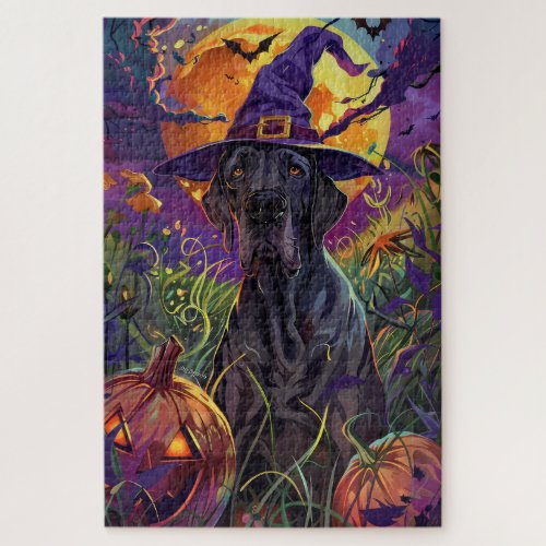 Spooky Great Dane Dog Halloween Witch Pumpkin Jigsaw Puzzle