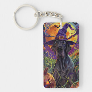 Spooky Great Dane Dog Halloween Witch Pumpkin Keychain