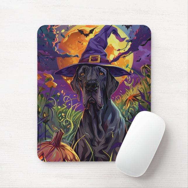Spooky Great Dane Dog Halloween Witch Pumpkin Mouse Pad (With Mouse)
