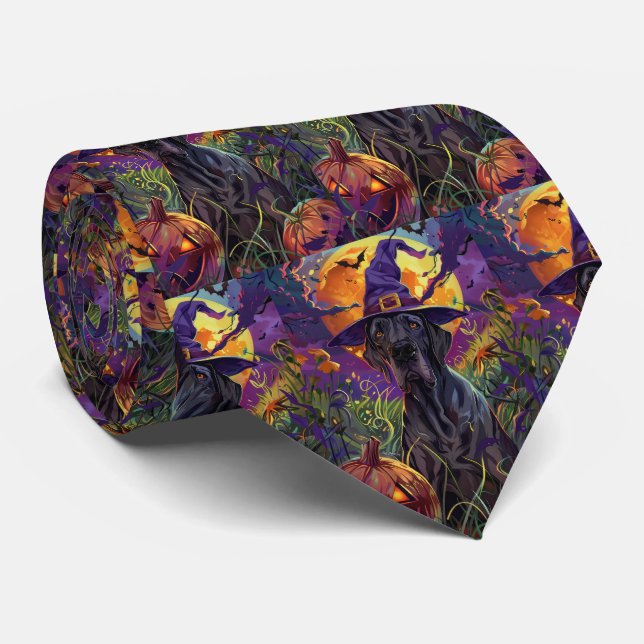 Spooky Great Dane Dog Halloween Witch Pumpkin Neck Tie (Rolled)