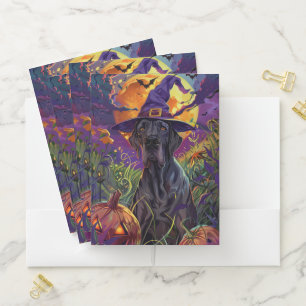 Spooky Great Dane Dog Halloween Witch Pumpkin Pocket Folder