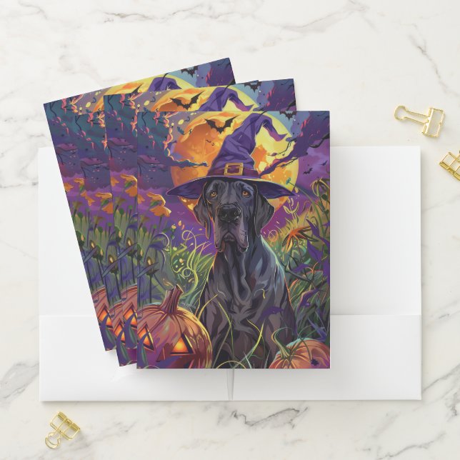 Spooky Great Dane Dog Halloween Witch Pumpkin Pocket Folder (In Situ)