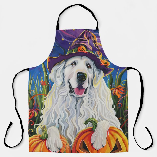 Spooky Great Pyrenees Dog Halloween Witch Pumpkin Apron (Front)