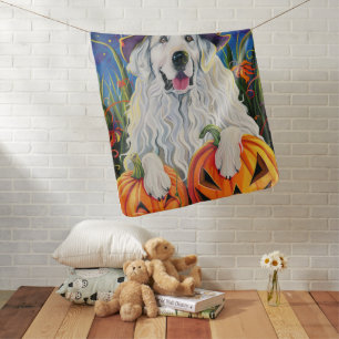 Spooky Great Pyrenees Dog Halloween Witch Pumpkin Baby Blanket