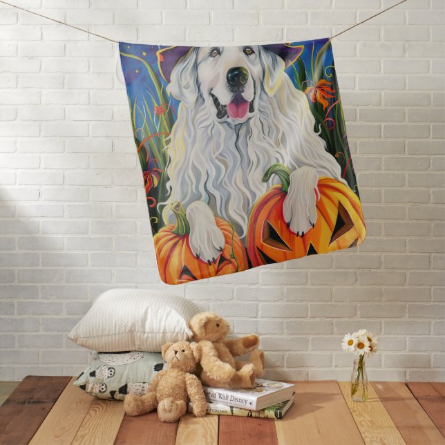 Spooky Great Pyrenees Dog Halloween Witch Pumpkin Baby Blanket (In Situ)