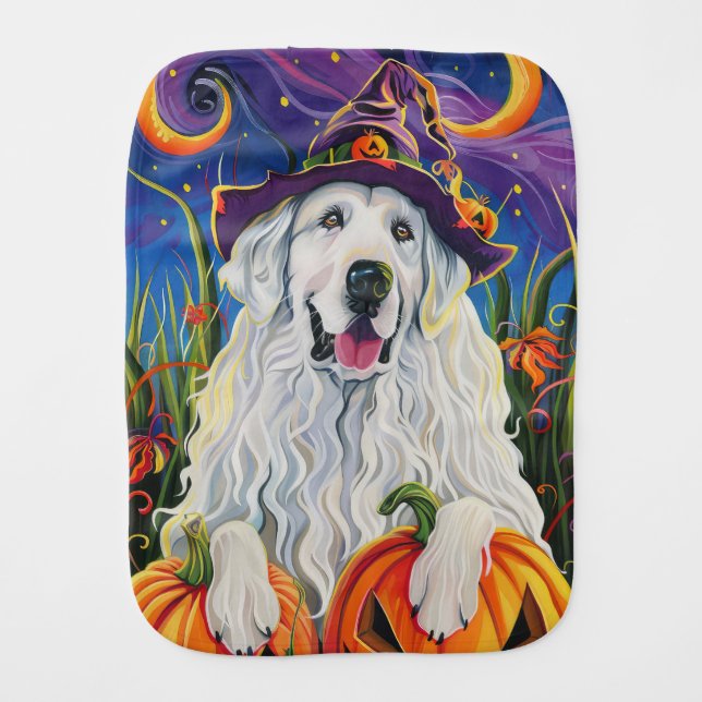 Spooky Great Pyrenees Dog Halloween Witch Pumpkin Baby Burp Cloth (Front)