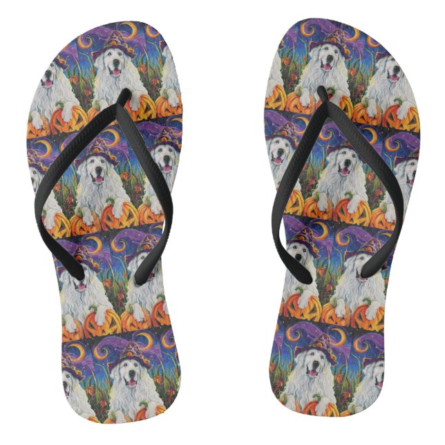 Spooky Great Pyrenees Dog Halloween Witch Pumpkin Flip Flops (Footbed)