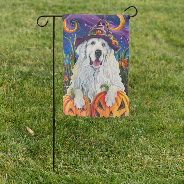 Spooky Great Pyrenees Dog Halloween Witch Pumpkin Garden Flag (In SItu)