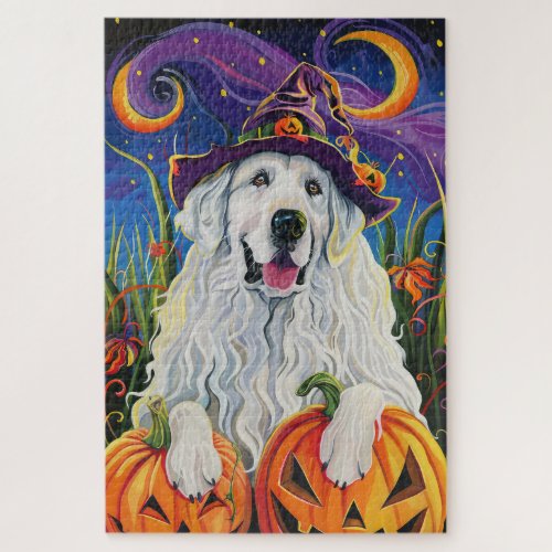 Spooky Great Pyrenees Dog Halloween Witch Pumpkin Jigsaw Puzzle