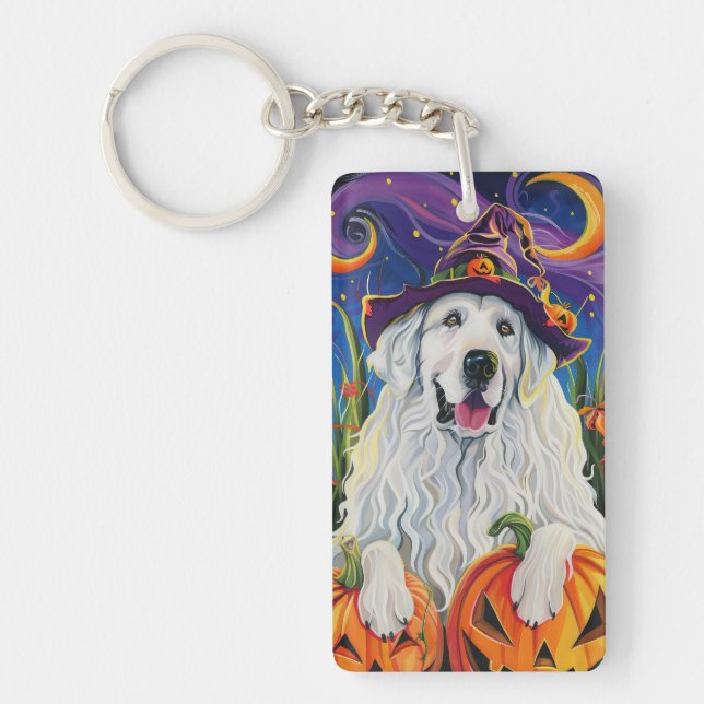 Spooky Great Pyrenees Dog Halloween Witch Pumpkin Keychain (Front)