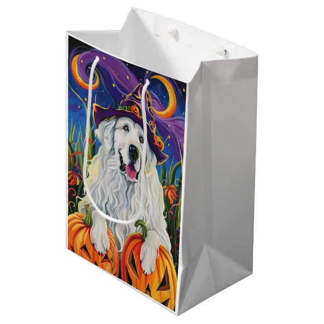 Spooky Great Pyrenees Dog Halloween Witch Pumpkin Medium Gift Bag (Front Angled)