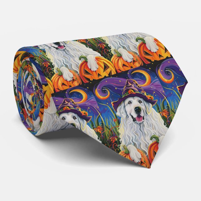 Spooky Great Pyrenees Dog Halloween Witch Pumpkin Neck Tie (Rolled)