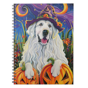 Spooky Great Pyrenees Dog Halloween Witch Pumpkin Notebook