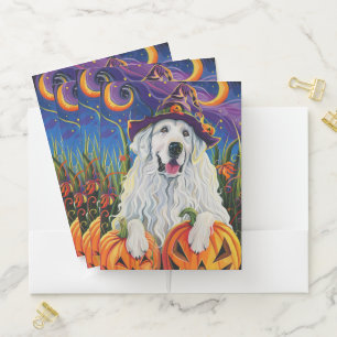 Spooky Great Pyrenees Dog Halloween Witch Pumpkin Pocket Folder