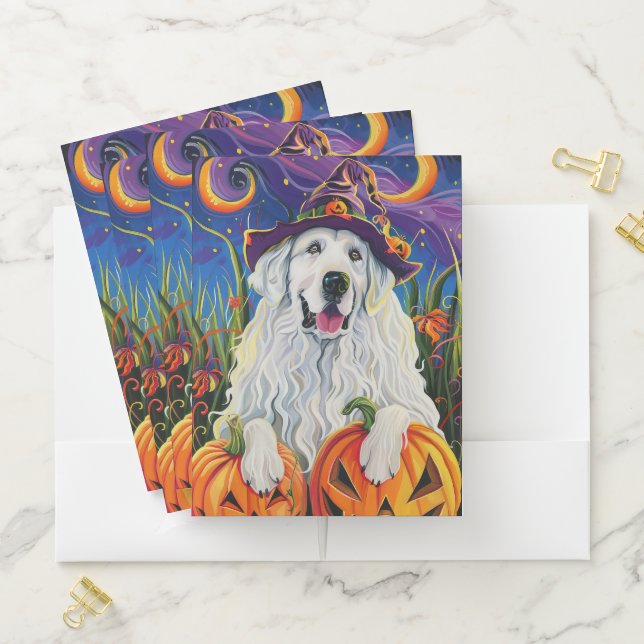 Spooky Great Pyrenees Dog Halloween Witch Pumpkin Pocket Folder (In Situ)