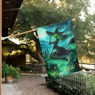 Spooky green aura Halloween witch House Flag