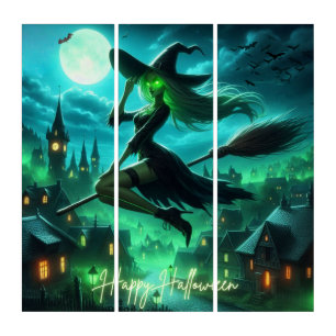 Spooky green aura Halloween witch Triptych