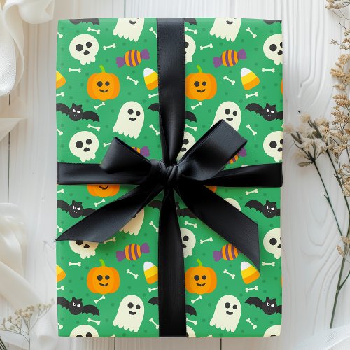 Spooky Green Ghost, Bat &Amp;Amp; Skull Halloween Wrapping Paper