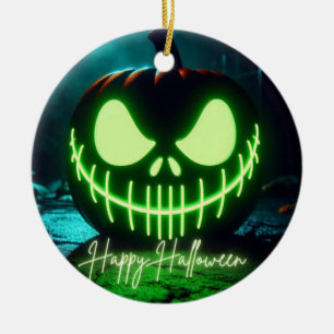 Spooky green glowing Halloween pumpkin Ceramic Ornament