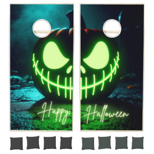 Spooky green glowing Halloween pumpkin Cornhole Set