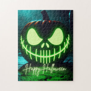 Spooky green glowing Halloween pumpkin Jigsaw Puzzle