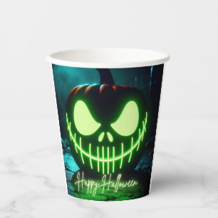 Spooky green glowing Halloween pumpkin Paper Cups