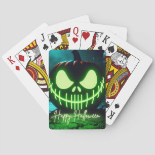 Spooky green glowing Halloween pumpkin Poker Cards
