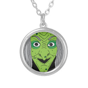 Spooky Green Witch Face Halloween Silver Plated Necklace