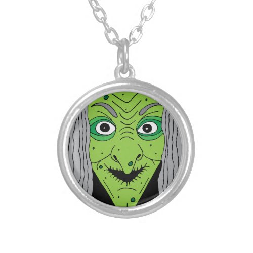 Spooky Green Witch Face Halloween Silver Plated Necklace