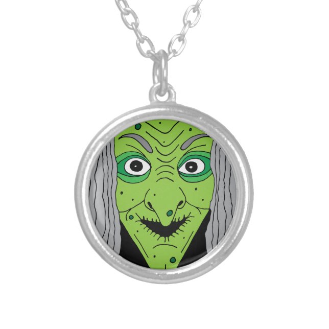 Spooky Green Witch Face Halloween Silver Plated Necklace (Front)