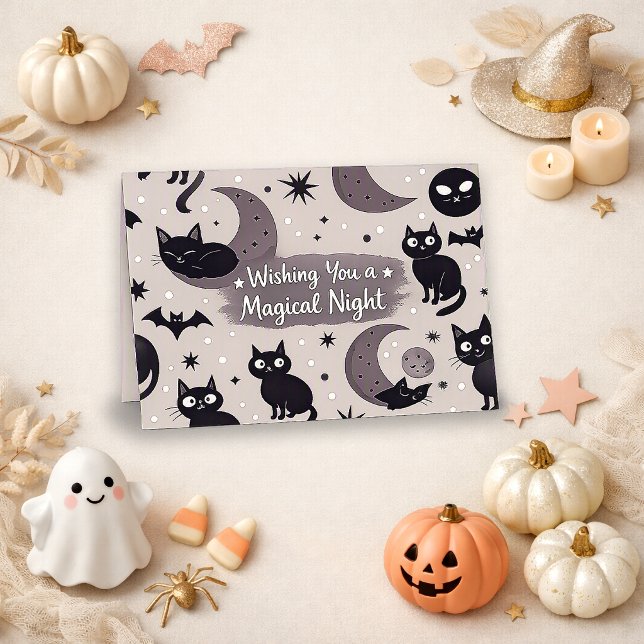 Spooky Grey Whimsical Black Cat Moon Card Design (Creator Uploaded)